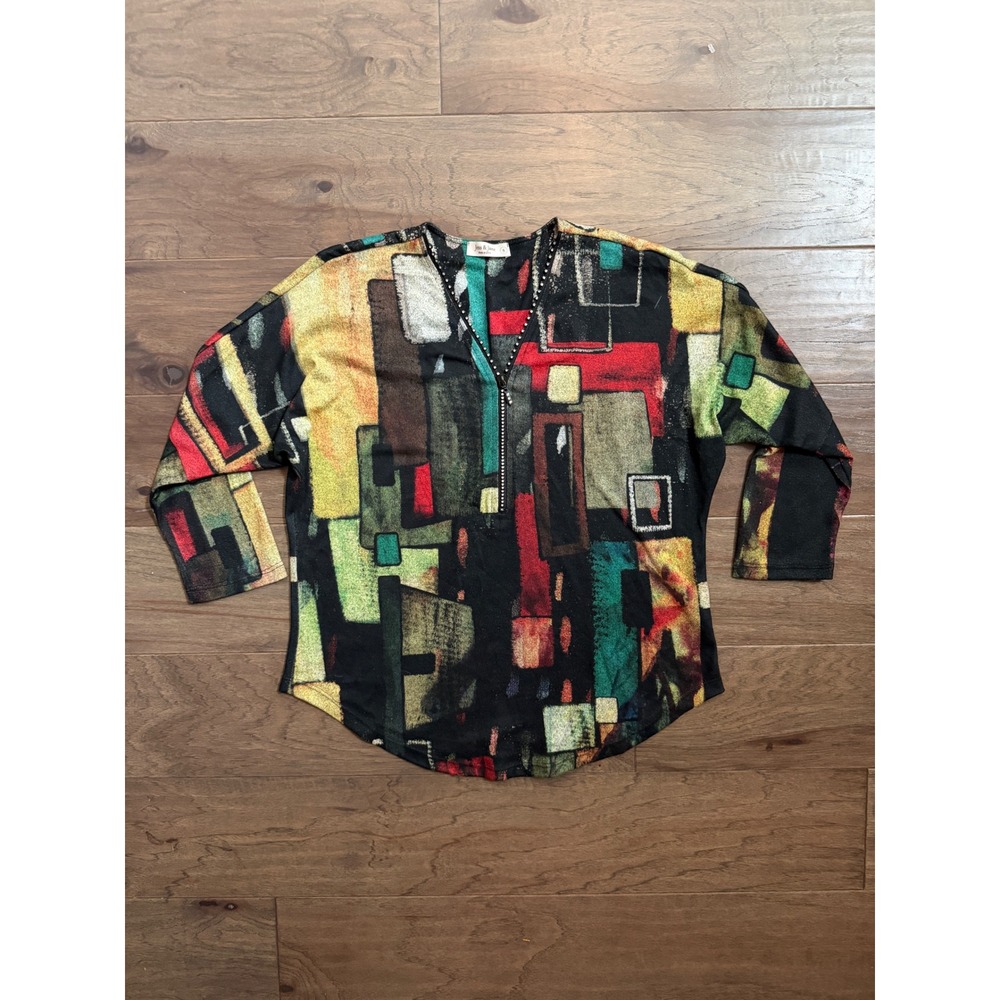 Jess & Jane Cubes Abstract Geometric Rhinestone V-Neck Top Small Made in USA